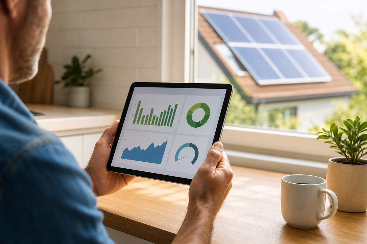 Homeowner reviewing energy usage on a tablet near a sunny window
