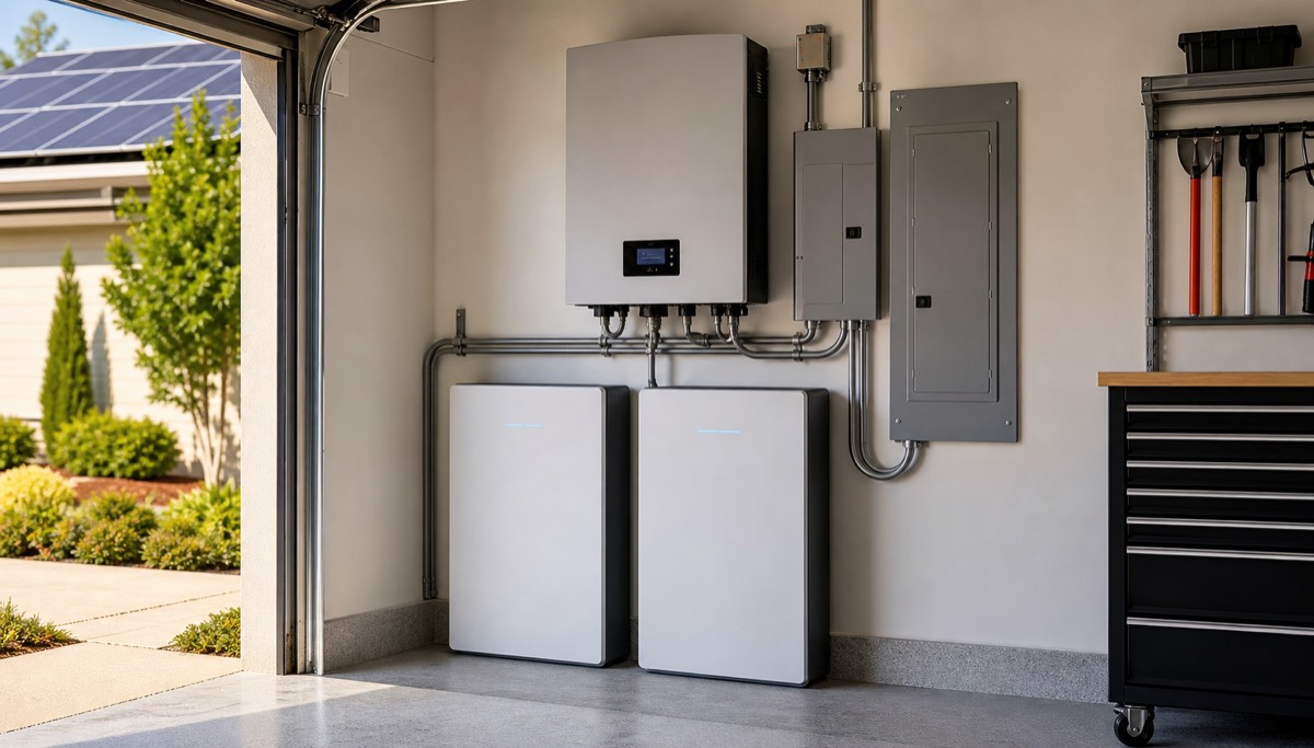 Residential backup power and inverter installed neatly in a utility area