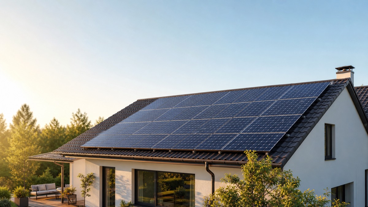Residential rooftop solar panels installed on a clean suburban home